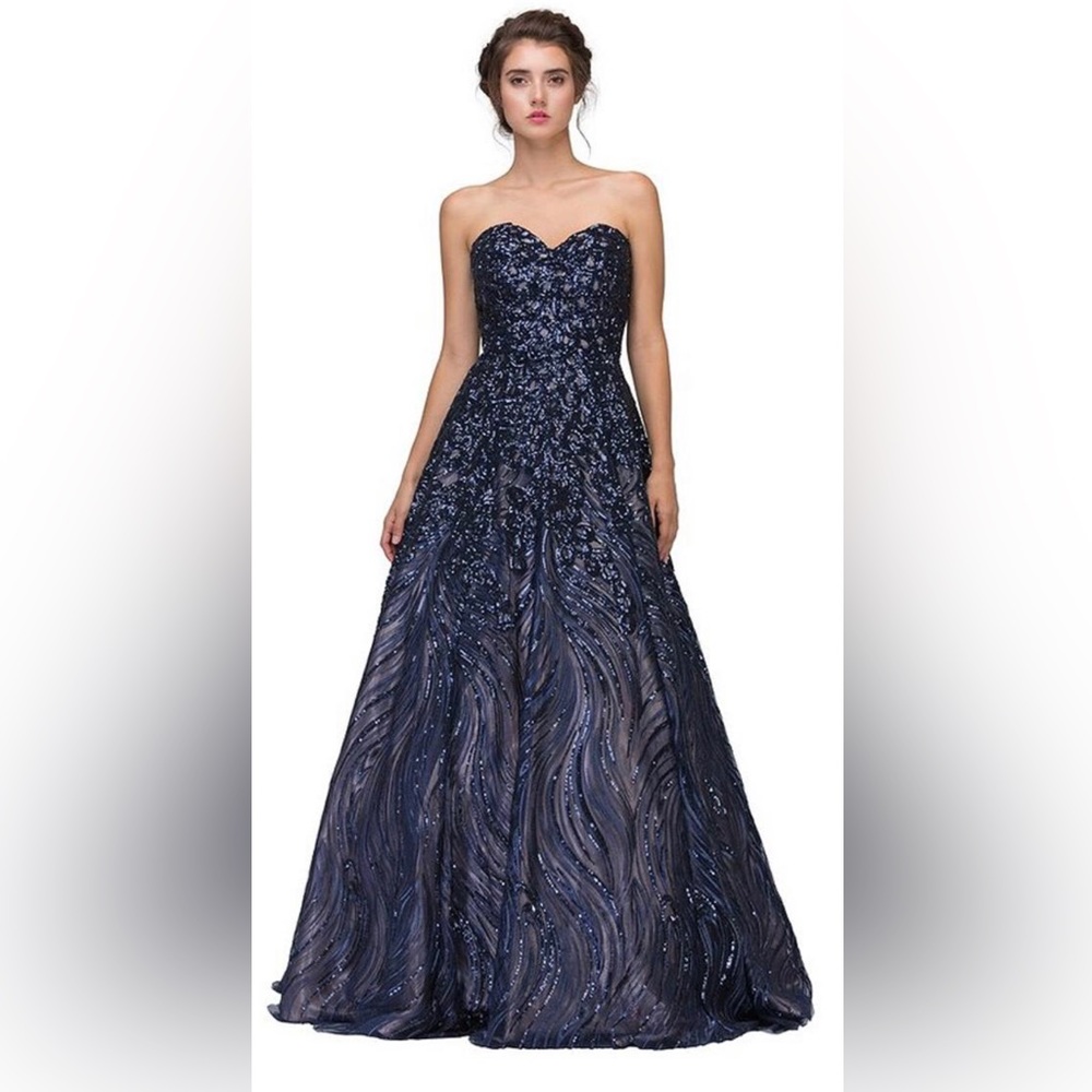 Eureka Brand New With Tags Navy Blue Strapless Sequin Prom Gown Corset Back